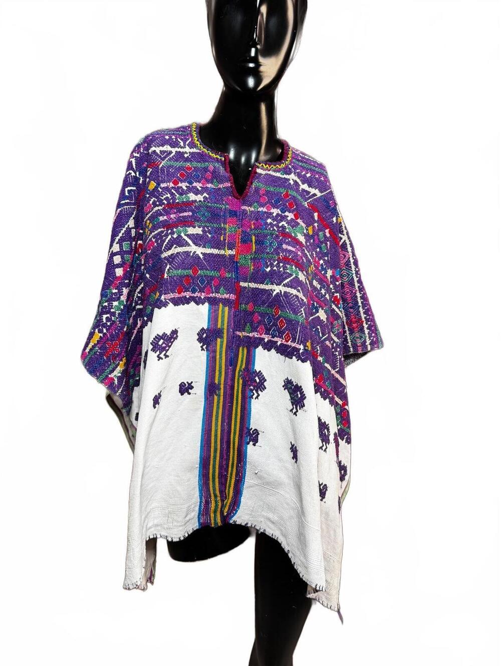 1970s Handwoven Guatemalan Huipil Poncho Maya Brocade Embroidery Purple & White